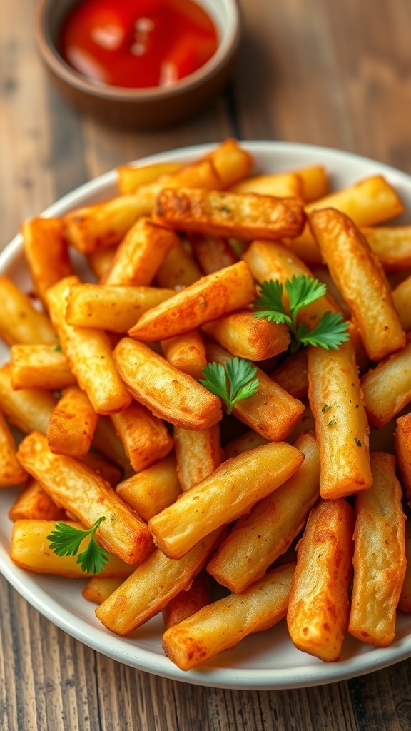 A plate of golden crispy fried potatoes garnished with parsley on a rustic wooden table.